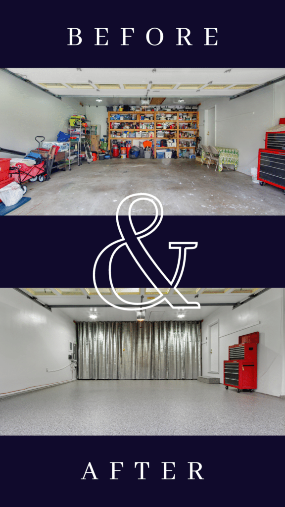 This image shows a garage before and after organizing. The top is cluttered, and the bottom is tidy with a clear floor and minimal items.